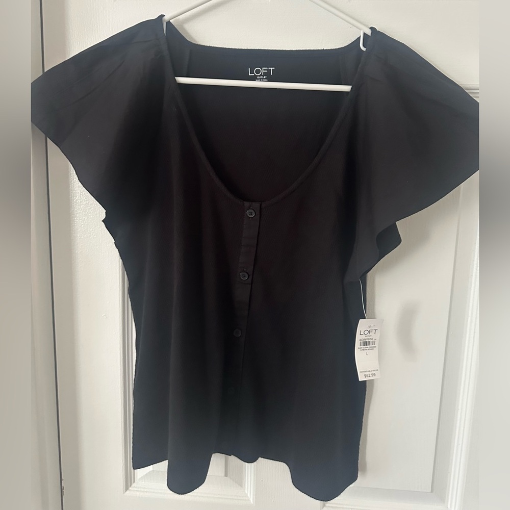LOFT Black Flutter-Sleeve Button Front Top